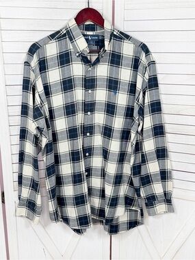 Vintage Ralph Lauren‎ Blaire Plaid Button Down Shirt Cream Blue Mens Large